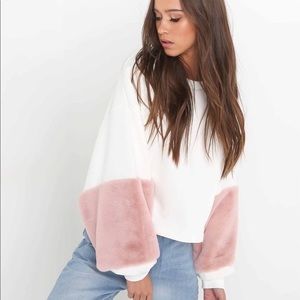 Tiger Mist White Cropped Sweatshirt - Long Sleeve Pullover Pink Fur, XS